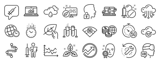 Set of Science icons, such as Time, Vaccine message, Fair trade icons. Face verified, Cloud storage, Web system signs. 5g wifi, Recovery tool, Augmented reality. Chemistry beaker, Audit. Vector