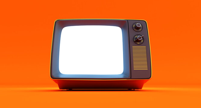 Retro vintage tv isolated on orange background, 3d render of gold old tv