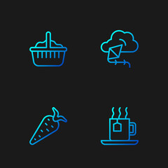 Set line Cup of tea with tea bag, Carrot, Basket and Kite. Gradient color icons. Vector