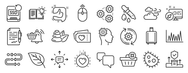 Set of Business icons, such as Love tickets, Like, Windy weather icons. Speech bubble, Engineering, Chemistry pipette signs. Agreement document, Sms, Baggage reclaim. Recovery ssd, Leaf. Vector