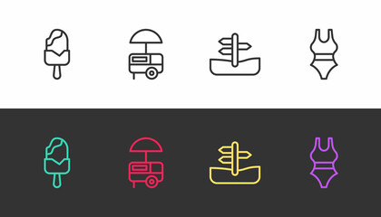 Set line Ice cream, Fast street food cart, Road traffic sign and Swimsuit on black and white. Vector