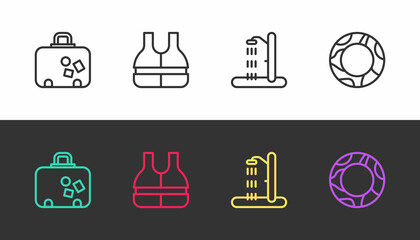 Set line Suitcase, Life jacket, Beach shower and Rubber swimming ring on black and white. Vector