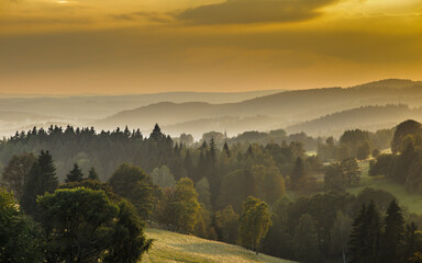 sunset in the mountains of the Czech Republic, region Karlovy Vary 