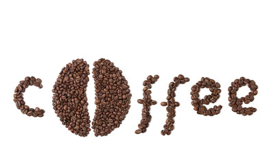 The word Coffee, made from roasted coffee beans on a white isolated background. The letter O in the form of two coffee beans. Flat lay. Lettering made from coffee.