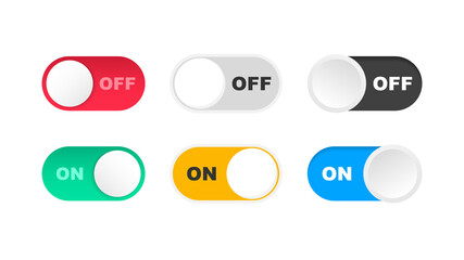 On and Off Toggle Switch. Slider buttons to turn on and off. Colored modern toggle switches for user interface on a device. Power control switch for smartphone. Vector illustration.