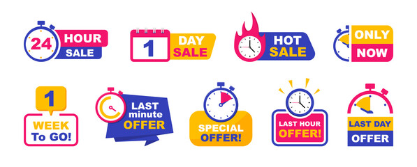 Set of sale countdown badges. Sale timer banners. Last day, last hour and last minute offer. One day and 24 hour sale, one week to go sale. Promo stickers hot sale and only now.