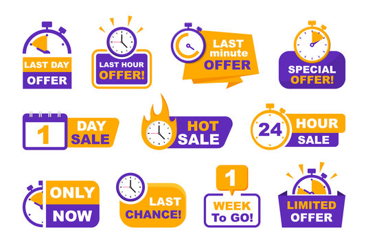 Set of sale countdown badges. Sale timer banners. Last day, last hour and last minute offer. One day and 24 hour sale, one week to go sale. Promo stickers hot sale and last chance.