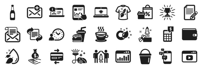Set of simple icons, such as Article, Video content, Calculator icons. Water drop, Hamburger, New mail signs. Website education, Online documentation, Trophy. Paint brush, Bucket, Shopping. Vector