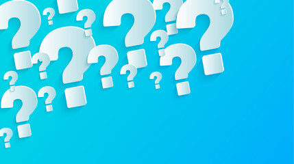Blue background with question mark. paper question marks large and small on bright blue background.