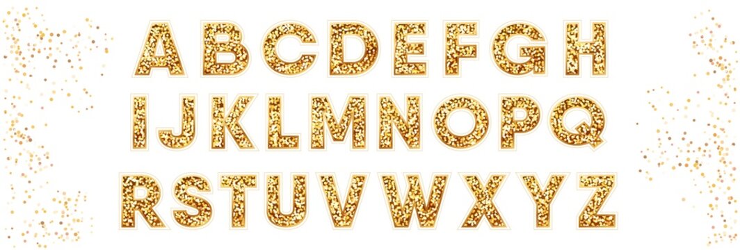 Golden sparkle font, alphabet for birthday card. Bold glitter letters for shiny cover typography design. Rich decor on holiday banner. Sparkle text for shimmer decoration. Vector isolated illustration