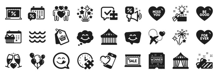 Set of Holidays icons, such as Balloons, Smile, Discounts calendar icons. Love couple, Market, Creative idea signs. Puzzle, Heart, Sale tag. Present, Smile chat, Winner ticket. Fireworks. Vector