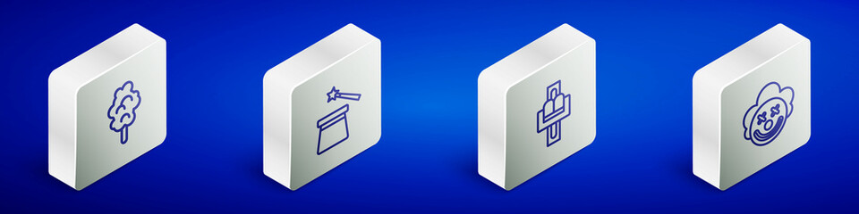 Set Isometric line Cotton candy, Magic hat wand, Attraction carousel and Clown head icon. Vector