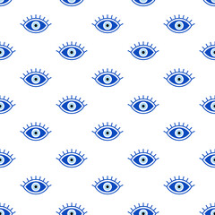 Seamless pattern with Evil eyes. Vector texture of protection talismans. Line art. Blue objects on white background.