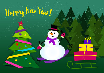 Banner Happy New Year. Paper ribbon on Christmas tree with sta