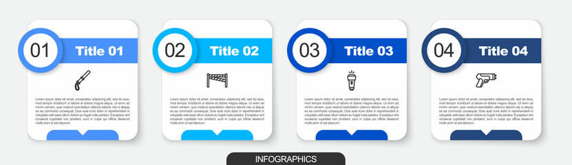 Set line Police rubber baton, Crime scene, Flashlight and electric shocker. Business infographic template. Vector