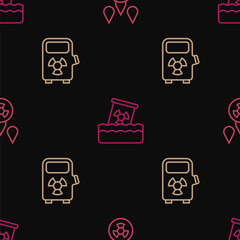 Set line Acid rain and radioactive cloud, Electric car charging station and Radioactive waste barrel on seamless pattern. Vector