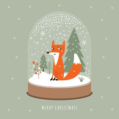 Christmas card. Snow Globe with  cute fox - 469277905