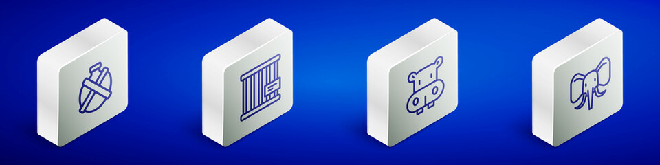 Set Isometric line Canteen water bottle, Animal cage, Hippo or Hippopotamus and Elephant icon. Vector