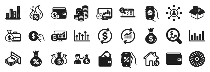 Set of Finance icons, such as Atm money, Money bag, Online accounting icons. Coins, Currency audit, Bitcoin chart signs. Graph chart, Wallet, Buying accessory. Financial app, Loan, Payment. Vector