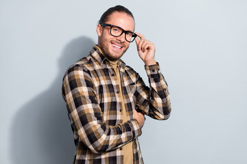 Profile side photo of young man eyewear smart banker attorney ceo isolated over grey color background