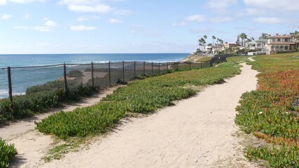 Fototapeta na wymiar Seascape vista point, viewpoint in Carlsbad, California coast USA. Frome above panoramic ocean tide, blue sea waves, steep eroded cliff. Coastline shoreline overlook. Green ice plant succulent lawn.