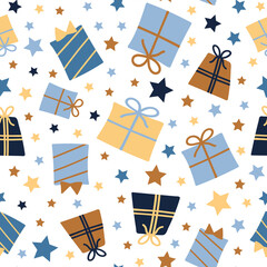 Seamless vector pattern with Christmas presents and stars. Winter holiday background