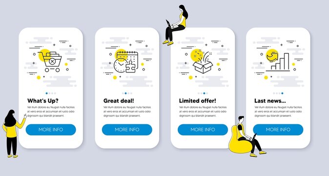 Set of Business icons, such as Remove purchase, Gift, Puzzle time icons. UI phone app screens with people. Growth chart line symbols. Delete from cart, New year, Jigsaw game. Diagram graph. Vector