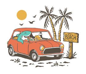 Fototapeta na wymiar Shark driving car in the beach illustration