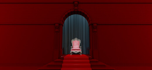 3d render of red royal throne, throne room, Red carpet leading to the luxurious throne