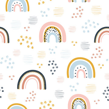 Rainbow, dots and stripes seamless childish pattern. Hand drawn repeat pattern for wrapping, fabrik, textile or paper projects. Vector illustration.