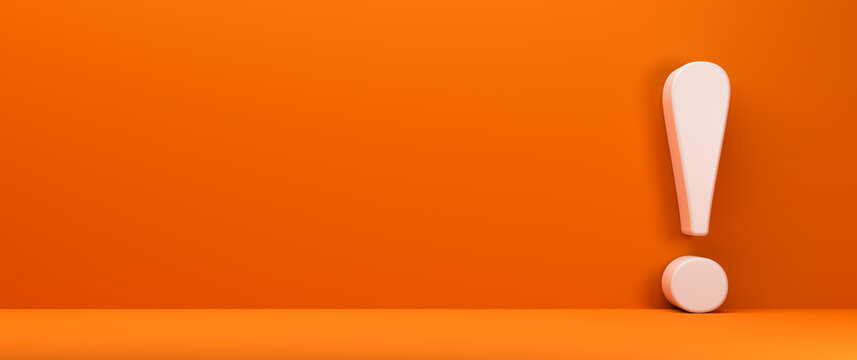 White exclamation mark on orange background copy space. 3d rendering.