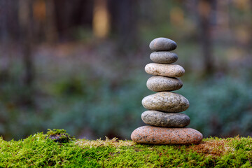 Pyramid stones balance on old mossy fallen tree. Stone pyramid in focus. Forest background blurred