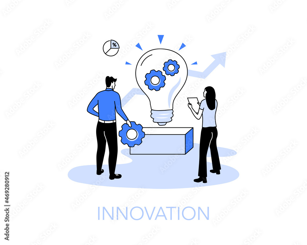 Poster illustration of an innovation symbol with two people and a light bulb with cogwheels. easy to use fo