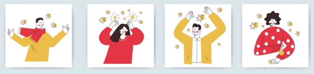 Office christmas celebration or online party. Happy business team workers corporate party, celebrate New Year or xmas. Greeting card with festive people. Simple flat line cartoon vector illustration