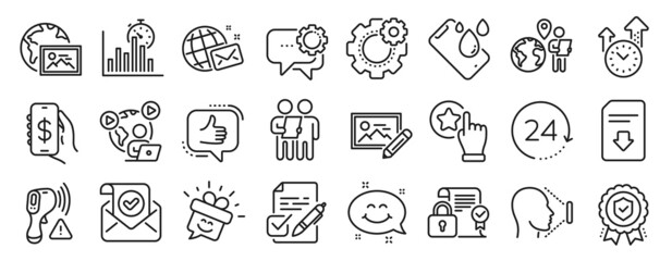 Set of Technology icons, such as Rate button, Security contract, Outsource work icons. Report timer, Insurance medal, Employees messenger signs. Smartphone waterproof, Like, Photo edit. Vector