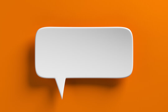 Social media notification icon, white bubble speech on orange background. 3D rendering