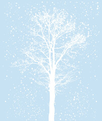 winter holidays seasonal greeting card with bare tree silhouette and falling snow - festive vector design