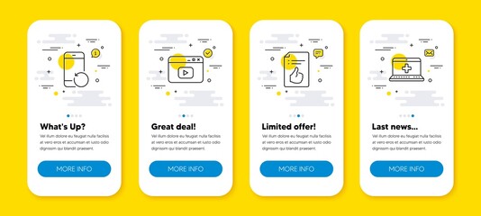 Vector set of Recovery phone, Approved document and Video content line icons set. UI phone app screens with line icons. Medical help icon. Backup smartphone, Like symbol, Browser window. Vector