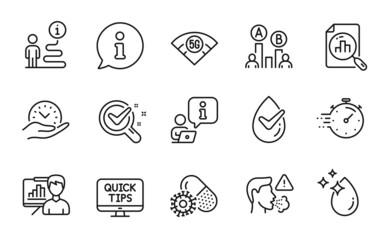 Science icons set. Included icon as Ab testing, Web tutorials, Dermatologically tested signs. Water drop, 5g wifi, Cough symbols. Safe time, Analytics graph, Presentation board. Timer. Vector