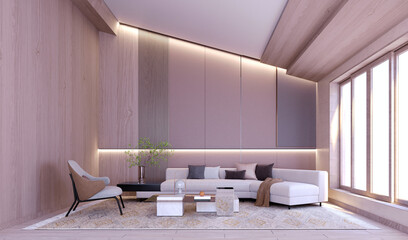 3d rendering,3d illustration, Interior Scene and  Mockup,Living room, 45 degree angle ceiling decorated with wall lights, decorated with gray painted wood, white curved sofa.