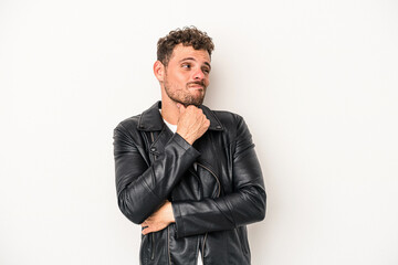 Young caucasian man isolated on white background suffers pain in throat due a virus or infection.