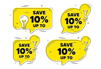 Save up to 10 percent. Idea yellow chat bubbles. Discount Sale offer price sign. Special offer symbol. Discount chat message banners. Idea lightbulb balloons. Vector