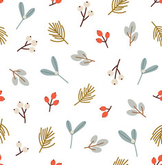 Seamless pattern of Christmas plants. Eucalyptus, berries, mistletoe, pine. Concept of the winter season, holidays, Christmas, New Year. Hand-drawn colorful vector illustration, isolated on white.
