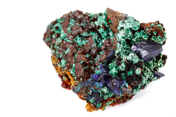 Macro mineral stone Malachite and Azurite against white background