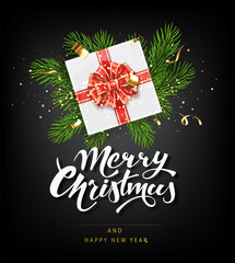 Merry Christmas greeting card concept. Holyday decorative elements on dark background