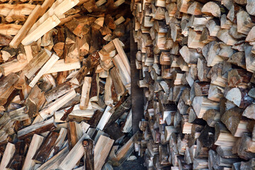 Preparation for the winter heating season: coniferous firewood is stacked against the wall