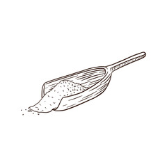 Wooden Scoop with White Powder. Engraved Illustration. Hand drawn spoon with white grains for logo, recipe, print, sticker, bakery menu design and decoration