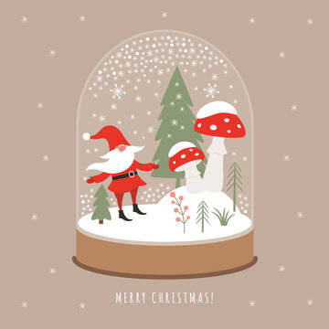 Vector illustration of Christmas Snow Globe with winter landscape , amanita mushrooms and xmas gnome