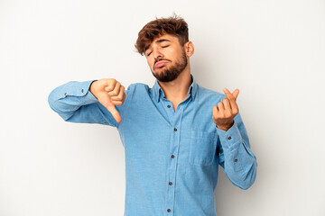 Young mixed race man isolated on grey background showing that she has no money.