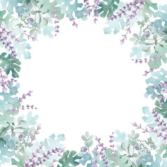 Watercolor frame. Hand-drawn lavender flowers, eucalyptus and blueberry branches on a white background.  Suitable for backgrounds, cards, posters, invitations